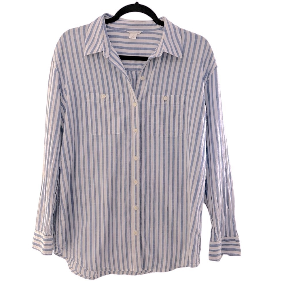Caslon 100% cotton white blue striped preppy beachy summer spring coastal shirt
